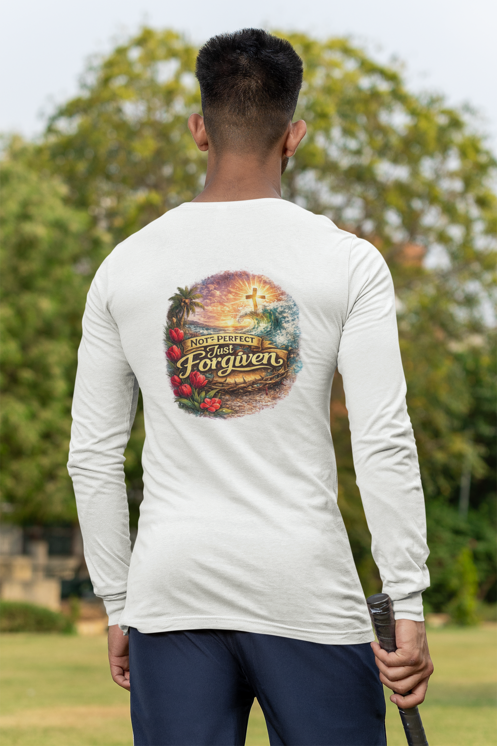 Holy Rollers Christian apparel thumbnail: Holy Rollers Performance Long Sleeve — "Not Perfect Just Forgiven" Beach Christian Shirt