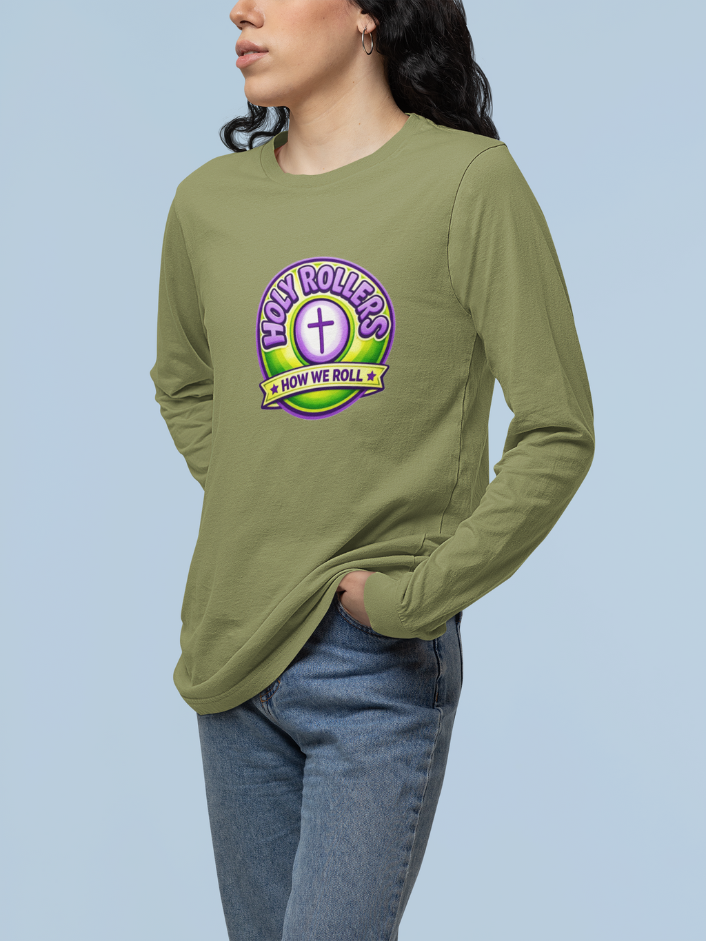 Holy Rollers Christian apparel thumbnail: Faith Over Fear Long Sleeve Tee — "How We Roll" Holy Rollers Christian Shirt