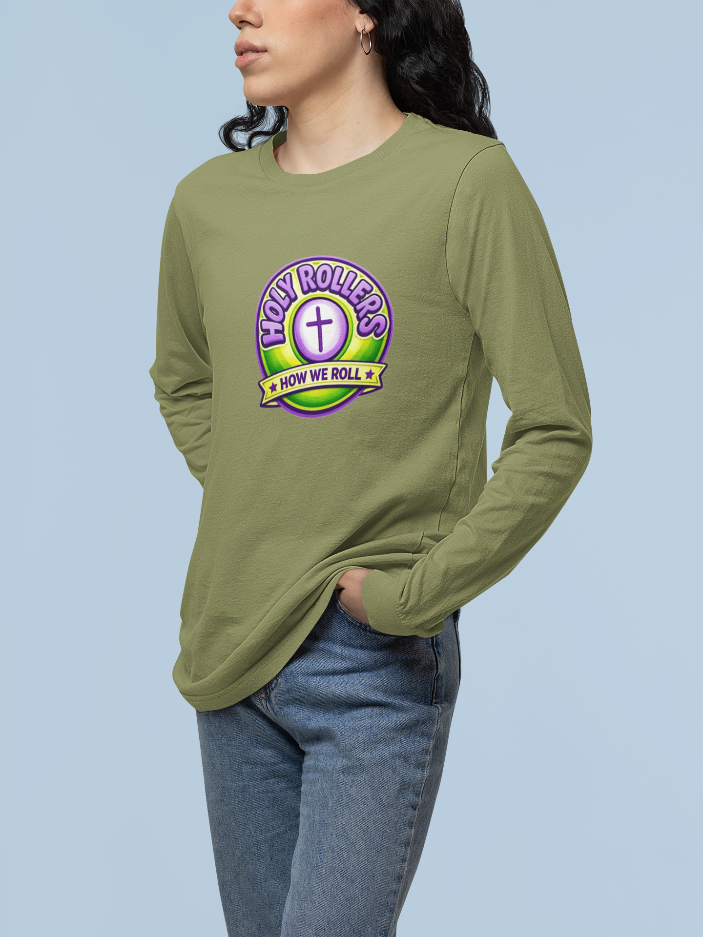 Holy Rollers Christian apparel: Faith Over Fear Long Sleeve Tee — "How We Roll" Holy Rollers Christian Shirt