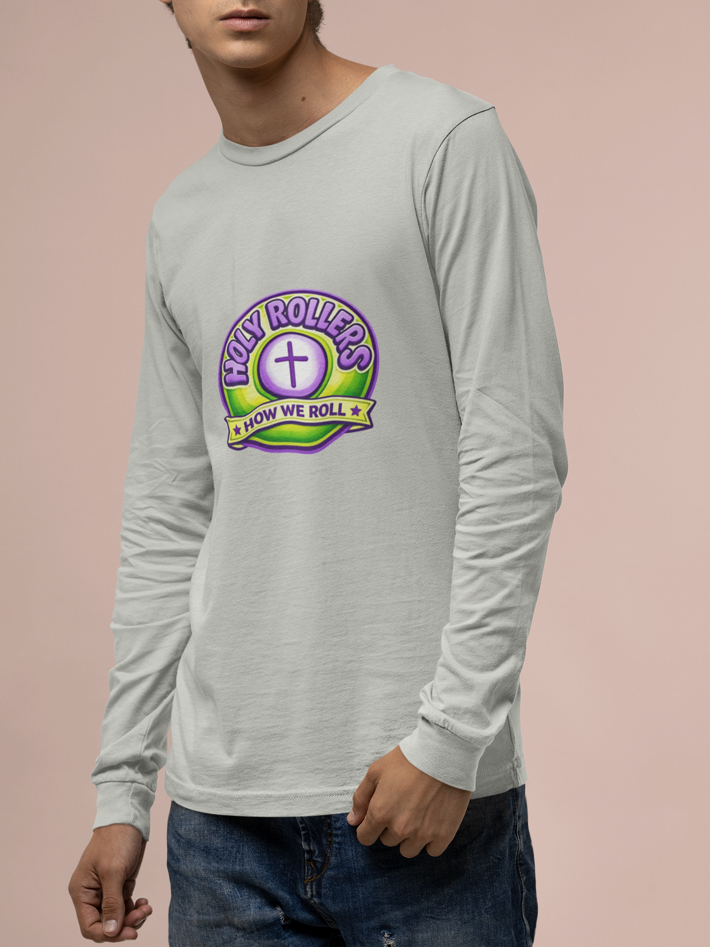 Holy Rollers Christian apparel: Faith Over Fear Long Sleeve Tee — "How We Roll" Holy Rollers Christian Shirt