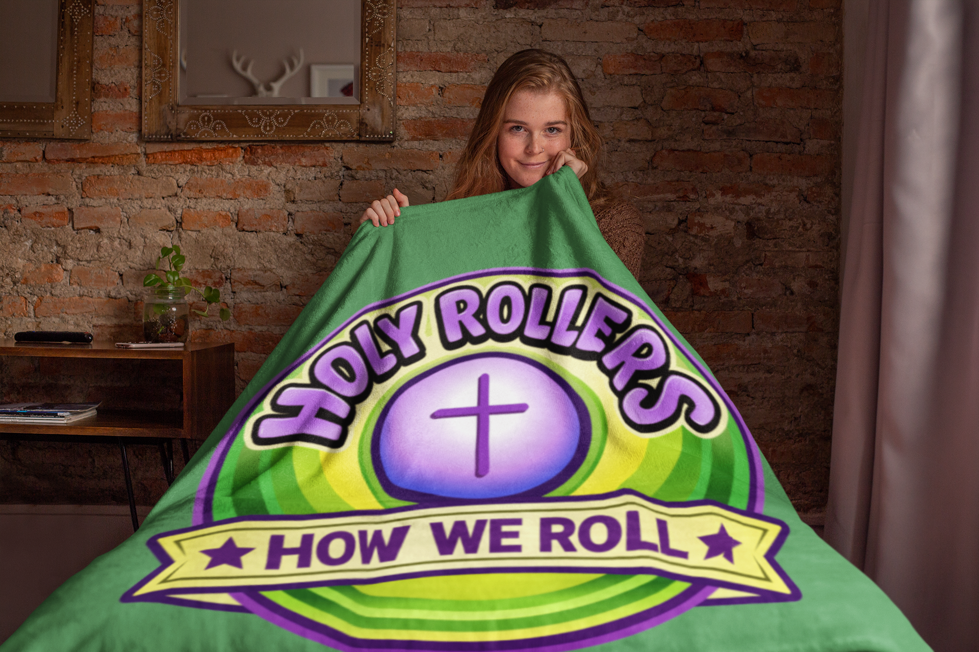 Holy Rollers Christian apparel: Velveteen Plush Stadium Blanket — Holy Rollers "How We Roll" Cozy Christian Throw