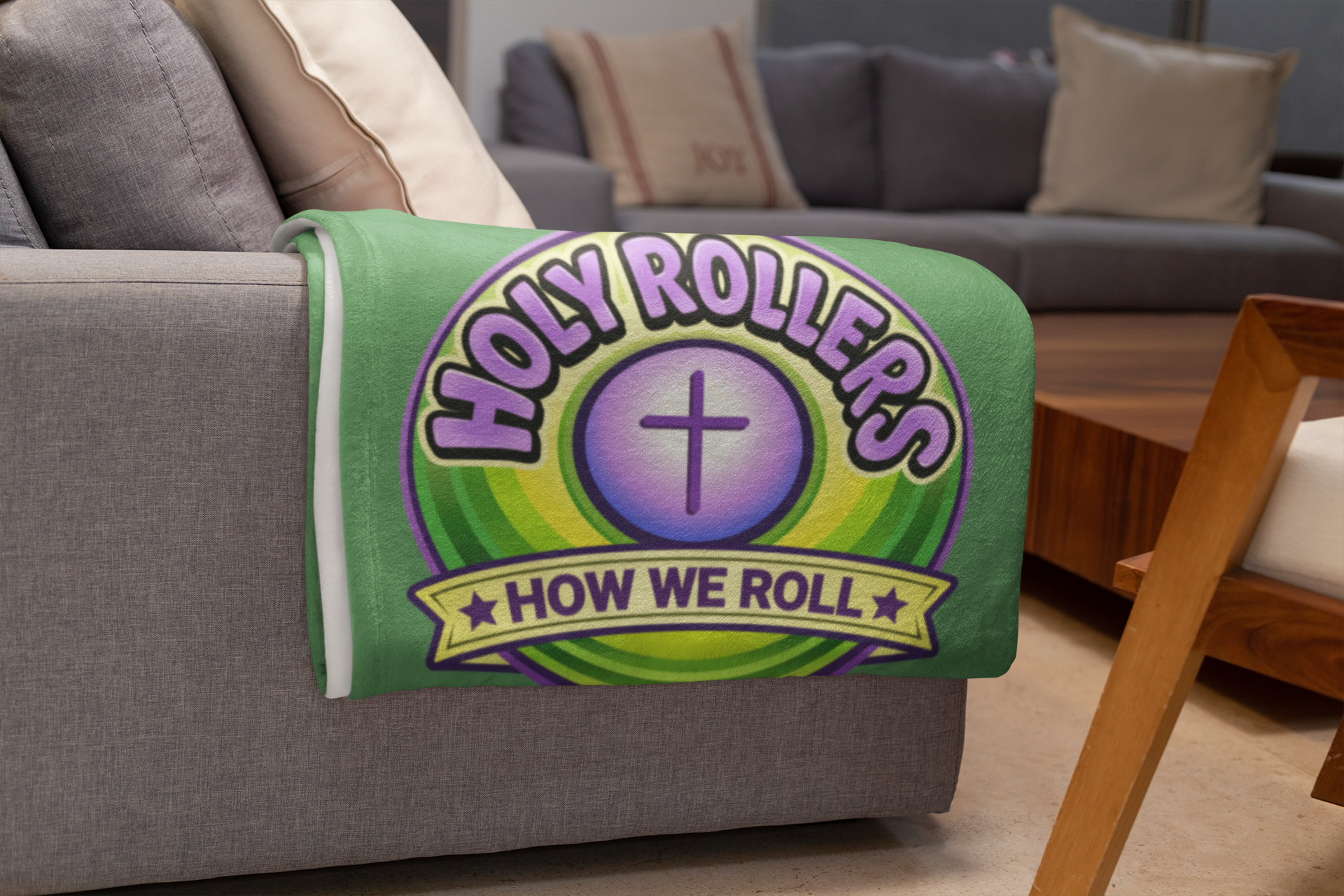 Holy Rollers Christian apparel: Velveteen Plush Stadium Blanket — Holy Rollers "How We Roll" Cozy Christian Throw