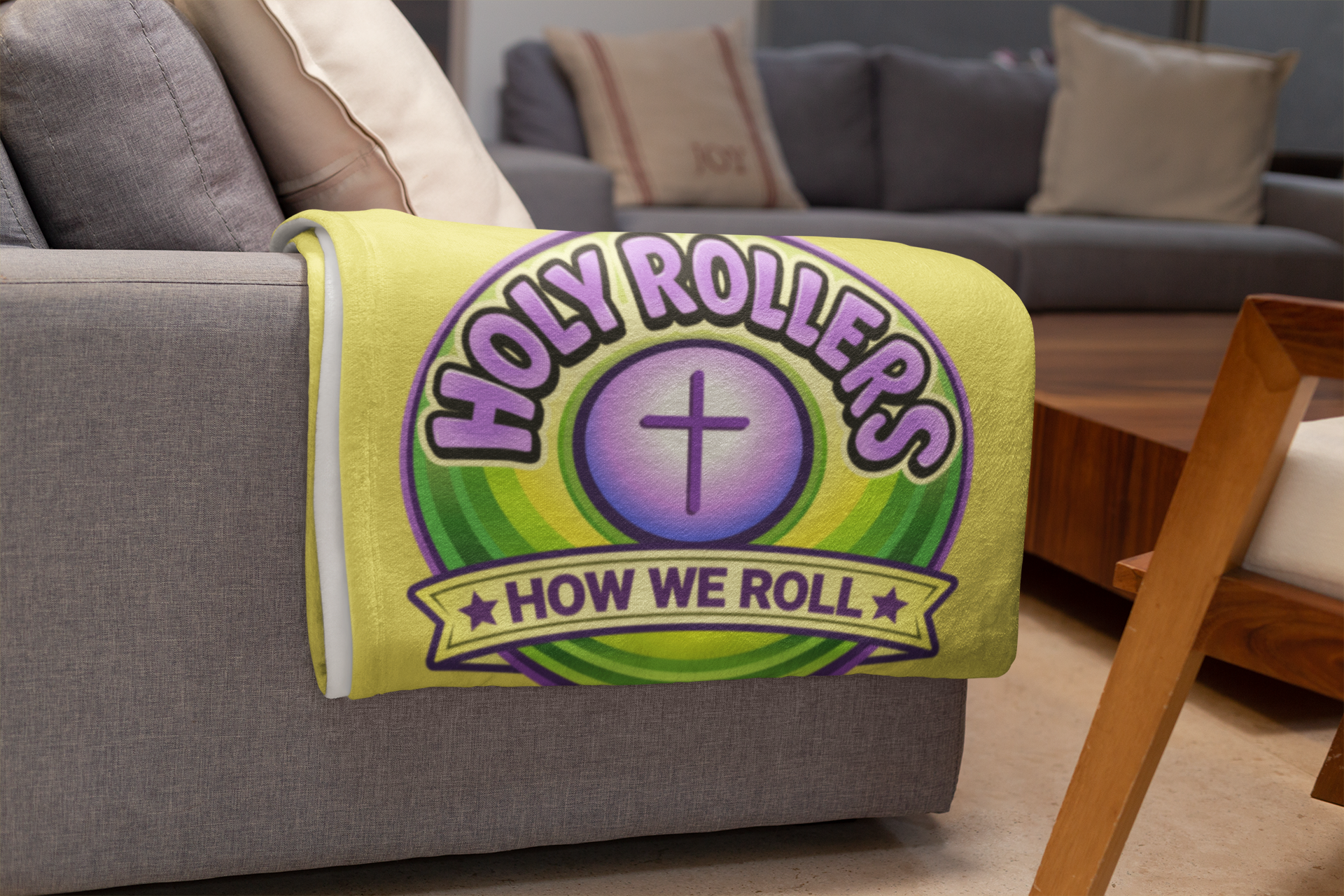 Holy Rollers Christian apparel: Velveteen Plush Stadium Blanket — Holy Rollers: "How We Roll” Cozy Christian Throw
