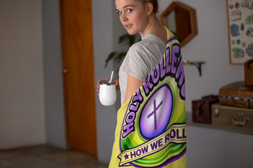 Holy Rollers Christian apparel thumbnail: Velveteen Plush Stadium Blanket — Holy Rollers: "How We Roll” Cozy Christian Throw