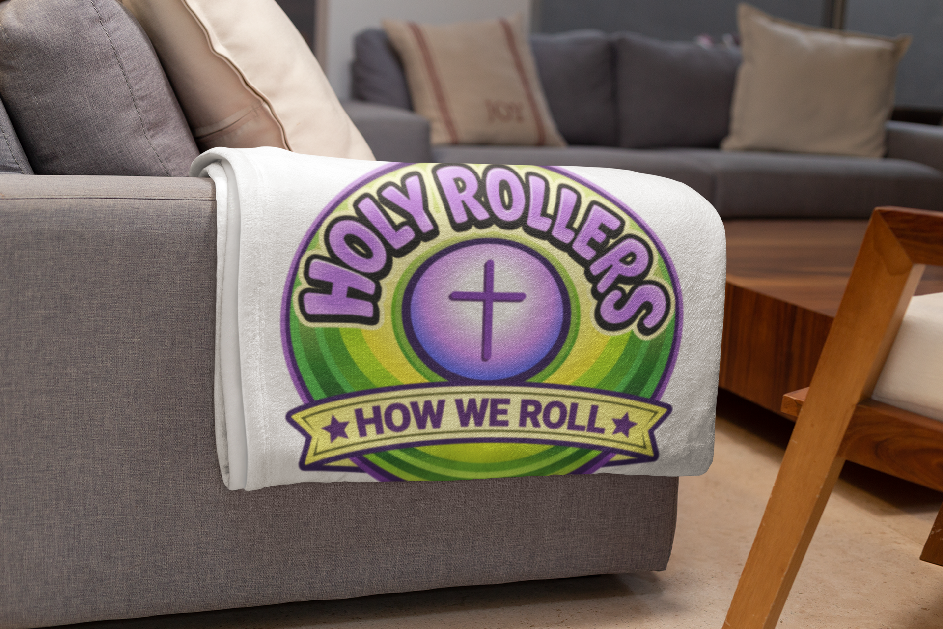 Holy Rollers Christian apparel: Velveteen Plush Stadium Blanket — Holy Rollers: "How We Roll” Cozy Christian Throw