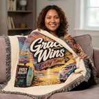 Woven Blanket - Grace Wins Vintage Coastal Throw (Retro Palm Sunset Design)