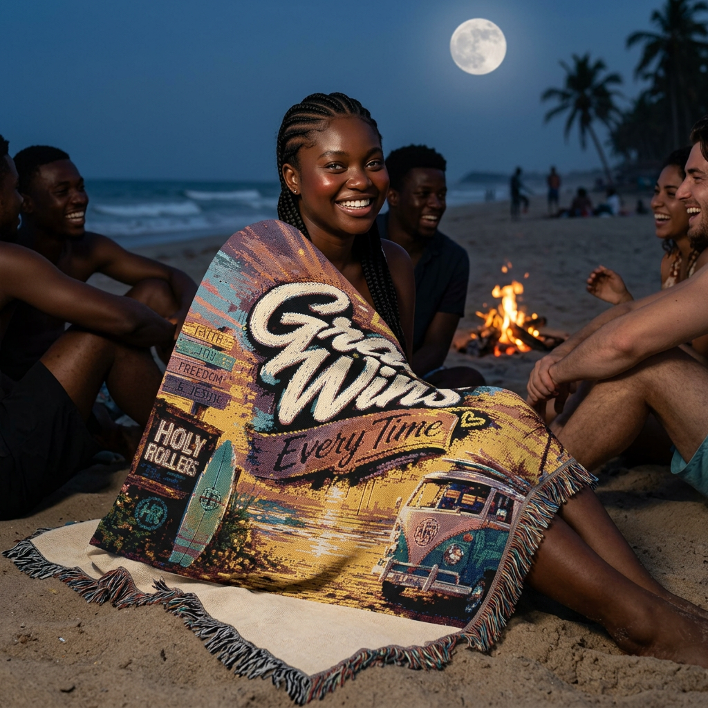 Holy Rollers Christian apparel thumbnail: Woven Blanket - Grace Wins Vintage Coastal Throw (Retro Palm Sunset Design)