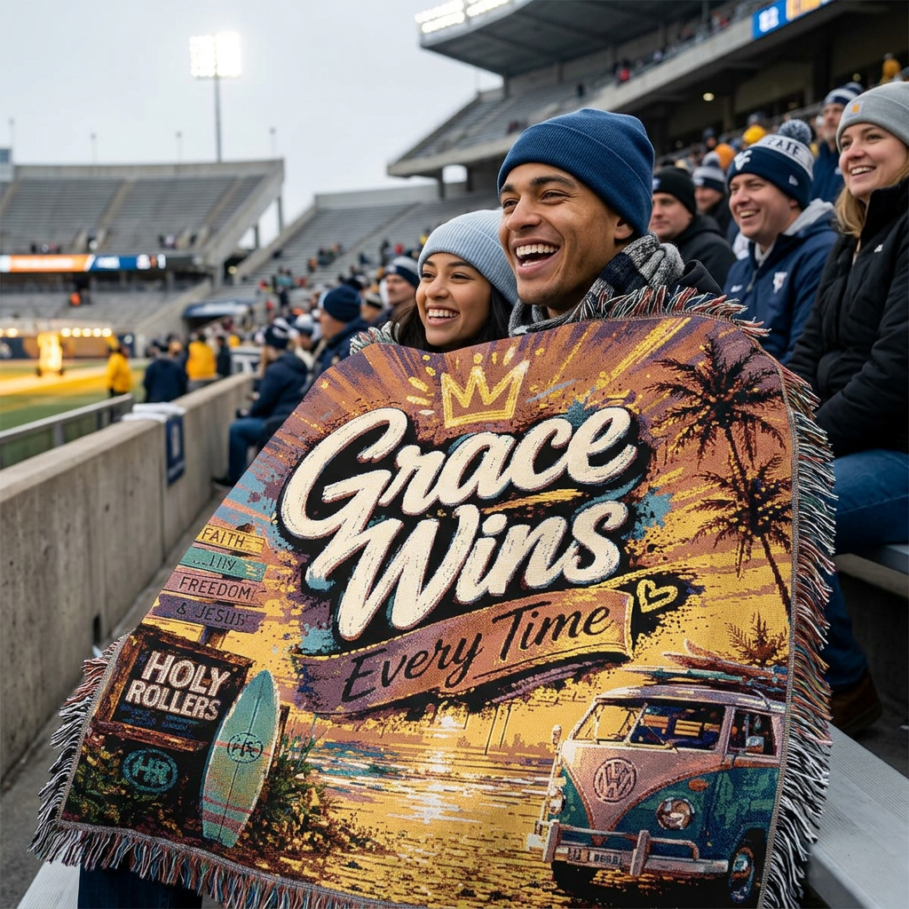 Holy Rollers Christian apparel: Woven Blanket - Grace Wins Vintage Coastal Throw (Retro Palm Sunset Design)