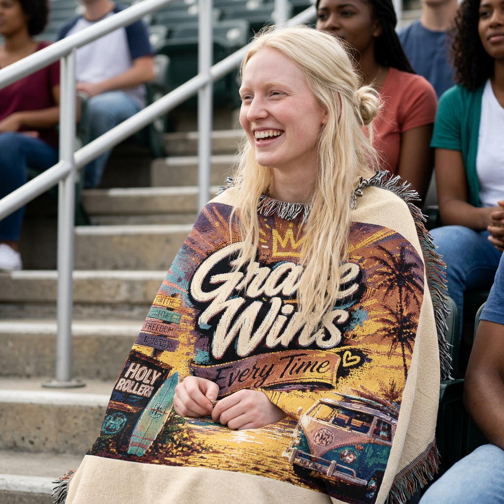 Holy Rollers Christian apparel: Woven Blanket - Grace Wins Vintage Coastal Throw (Retro Palm Sunset Design)