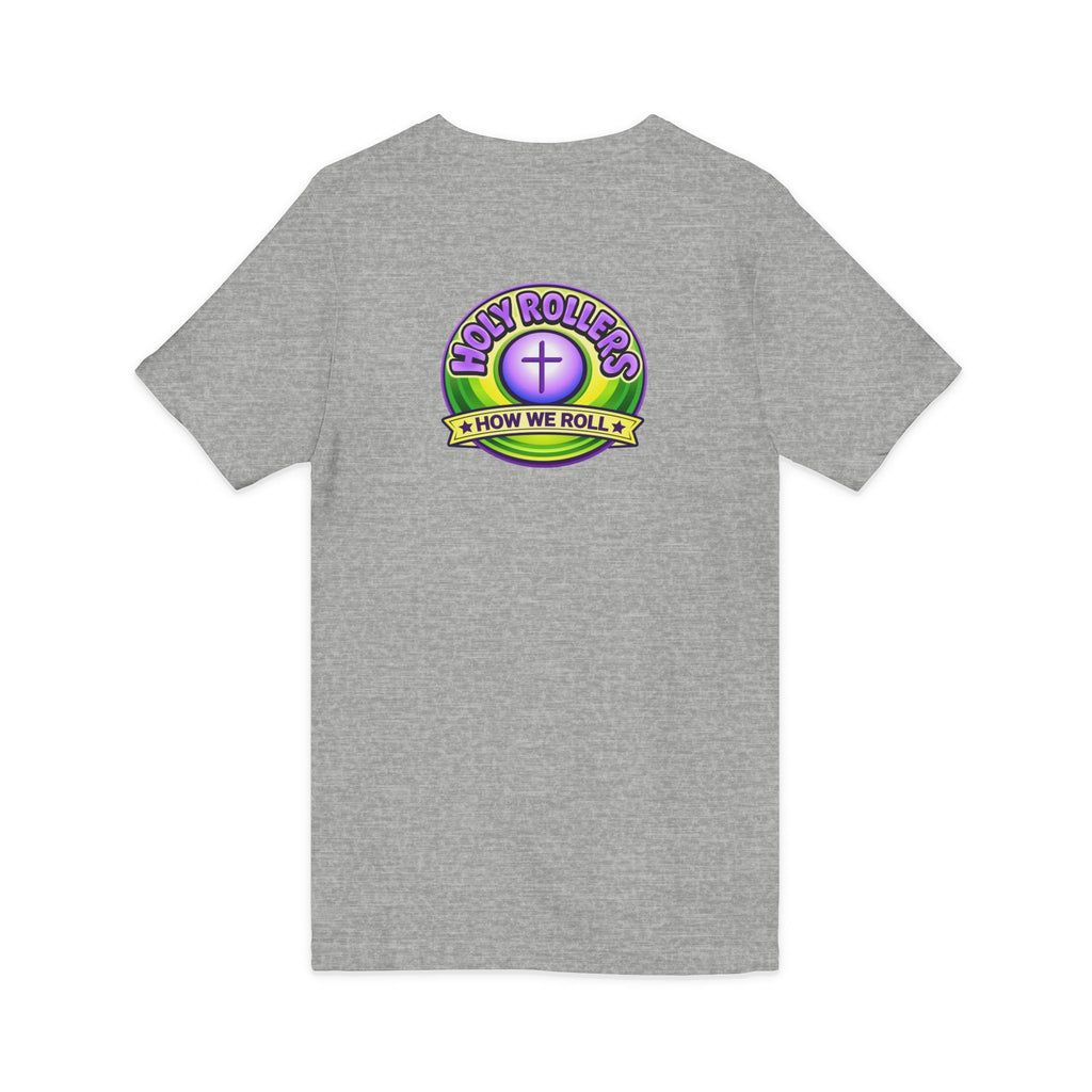 Holy Rollers Christian apparel thumbnail: Holy Rollers word-logo t-shirt | Holy Rollers How We Roll V-neck