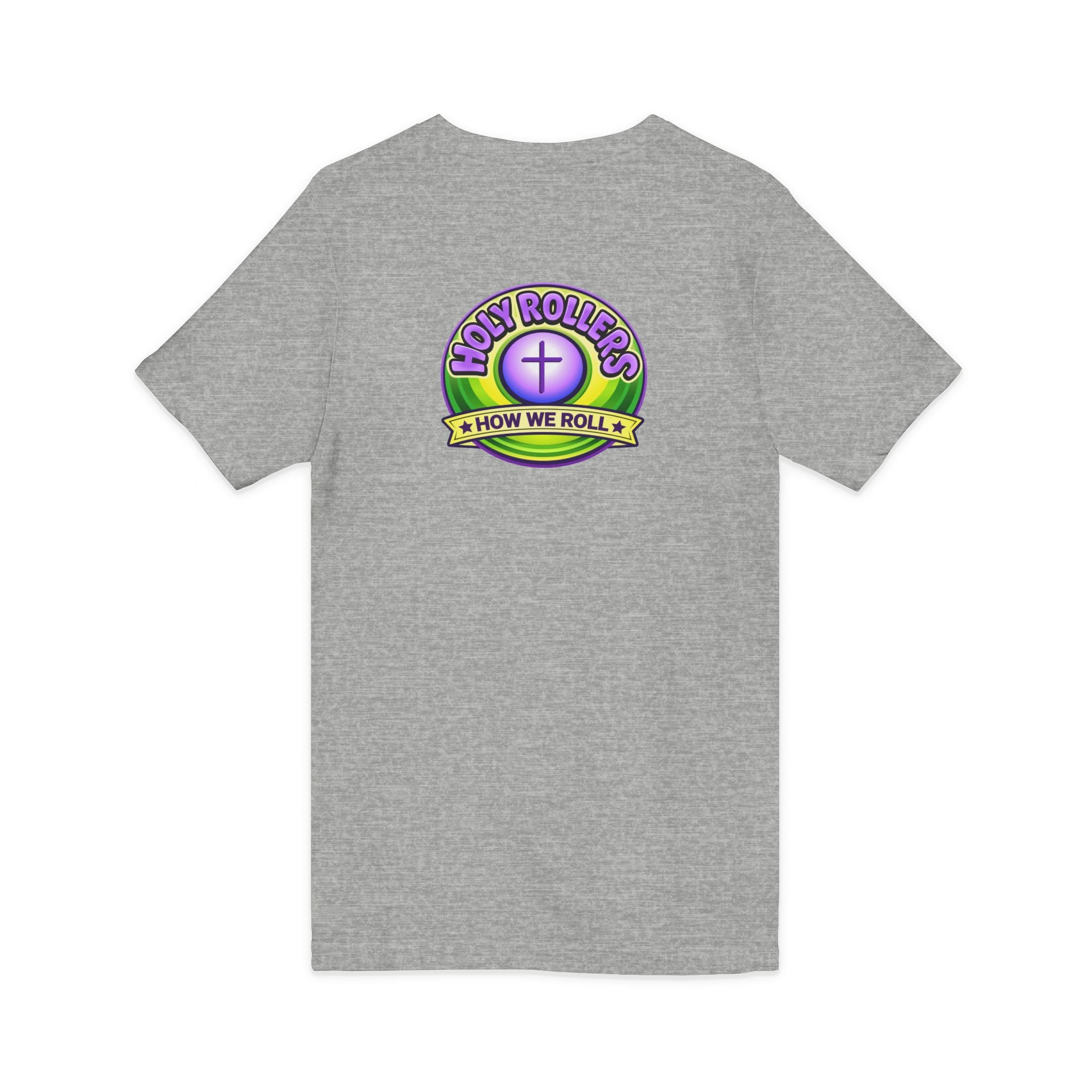 Holy Rollers Christian apparel: Holy Rollers word-logo t-shirt | Holy Rollers How We Roll V-neck