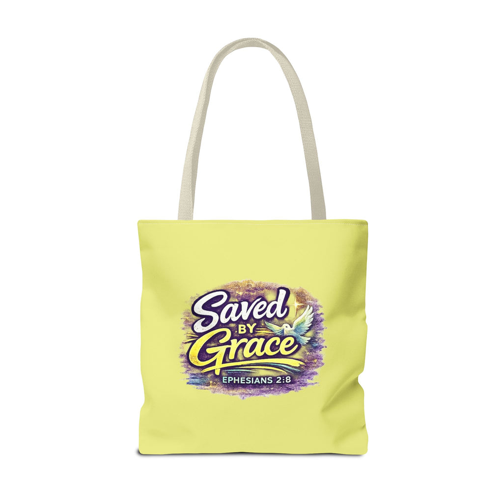 Holy Rollers Christian apparel thumbnail: Christian Tote Bag — "Saved By Grace" / "Holy Rollers" Inspirational All-Over Print