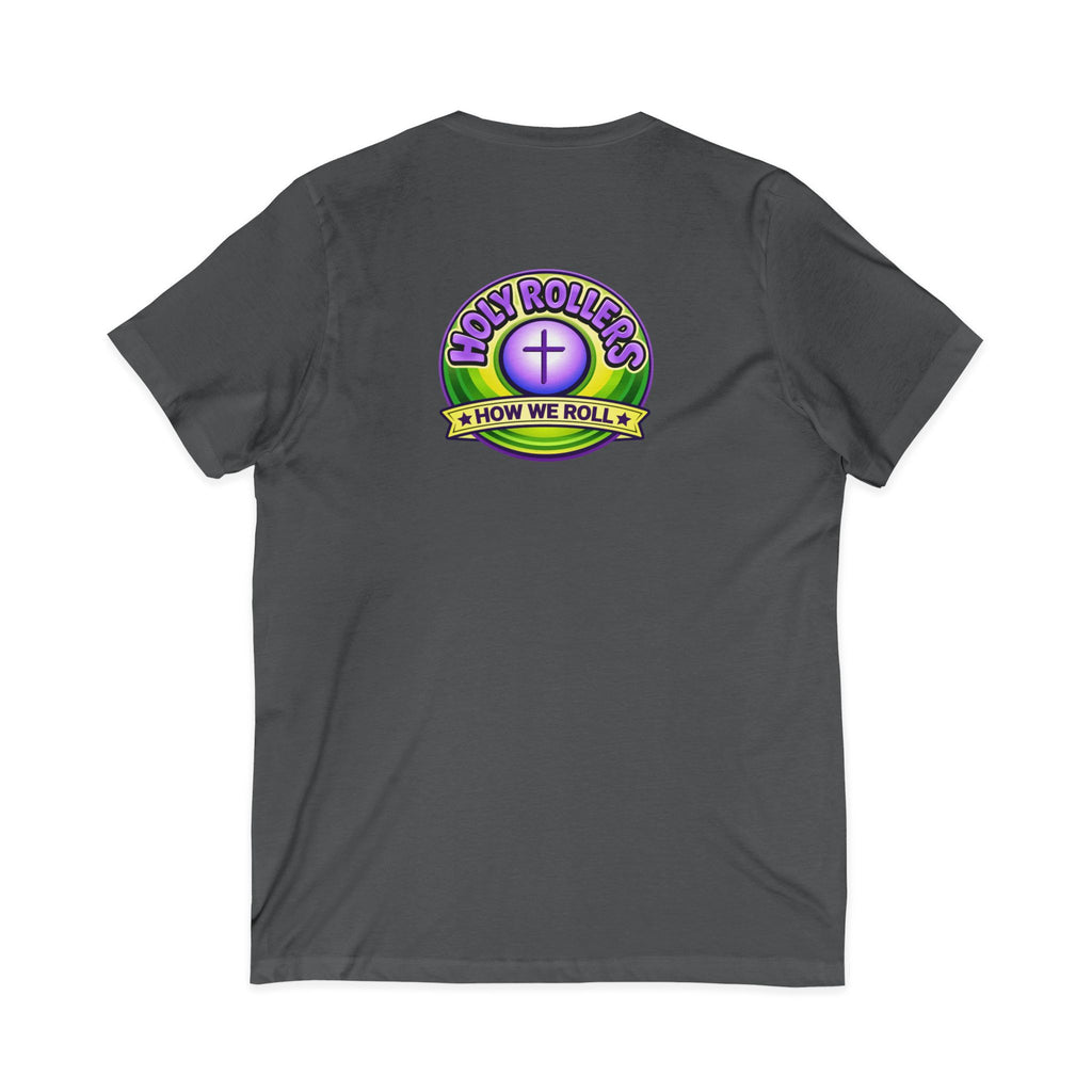 Holy Rollers Christian apparel thumbnail: Holy Rollers word-logo t-shirt | Holy Rollers How We Roll V-neck
