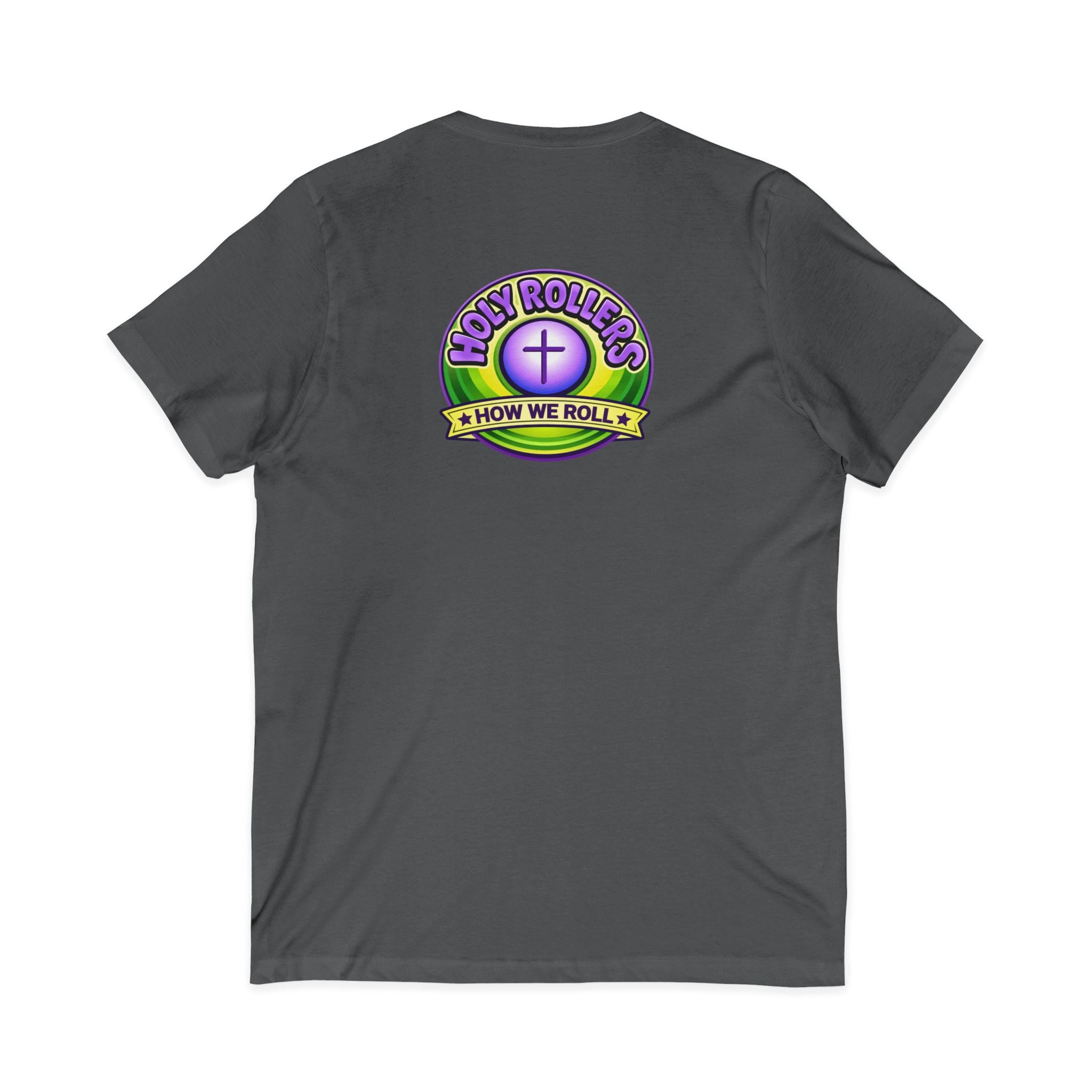 Holy Rollers Christian apparel: Holy Rollers word-logo t-shirt | Holy Rollers How We Roll V-neck