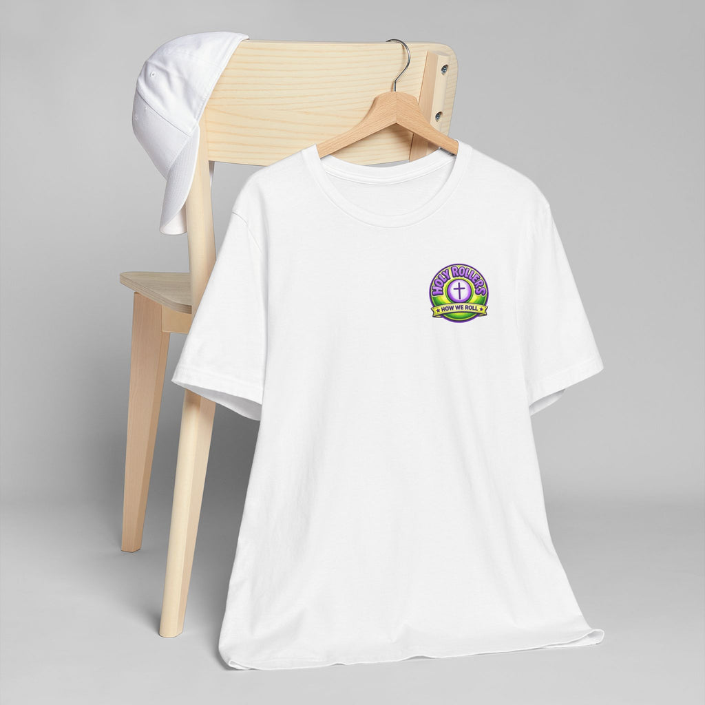 Holy Rollers Christian apparel thumbnail: Walk by Faith Holy Rollers T-Shirt | Uplifted Confident Joyful Faith Tee