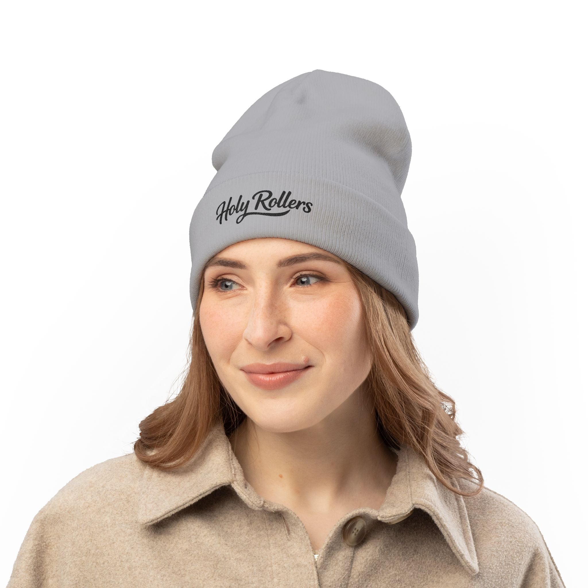 Holy Rollers Christian apparel: Embroidered 'Holy Rollers' Knit Beanie — Cozy Script Winter Hat