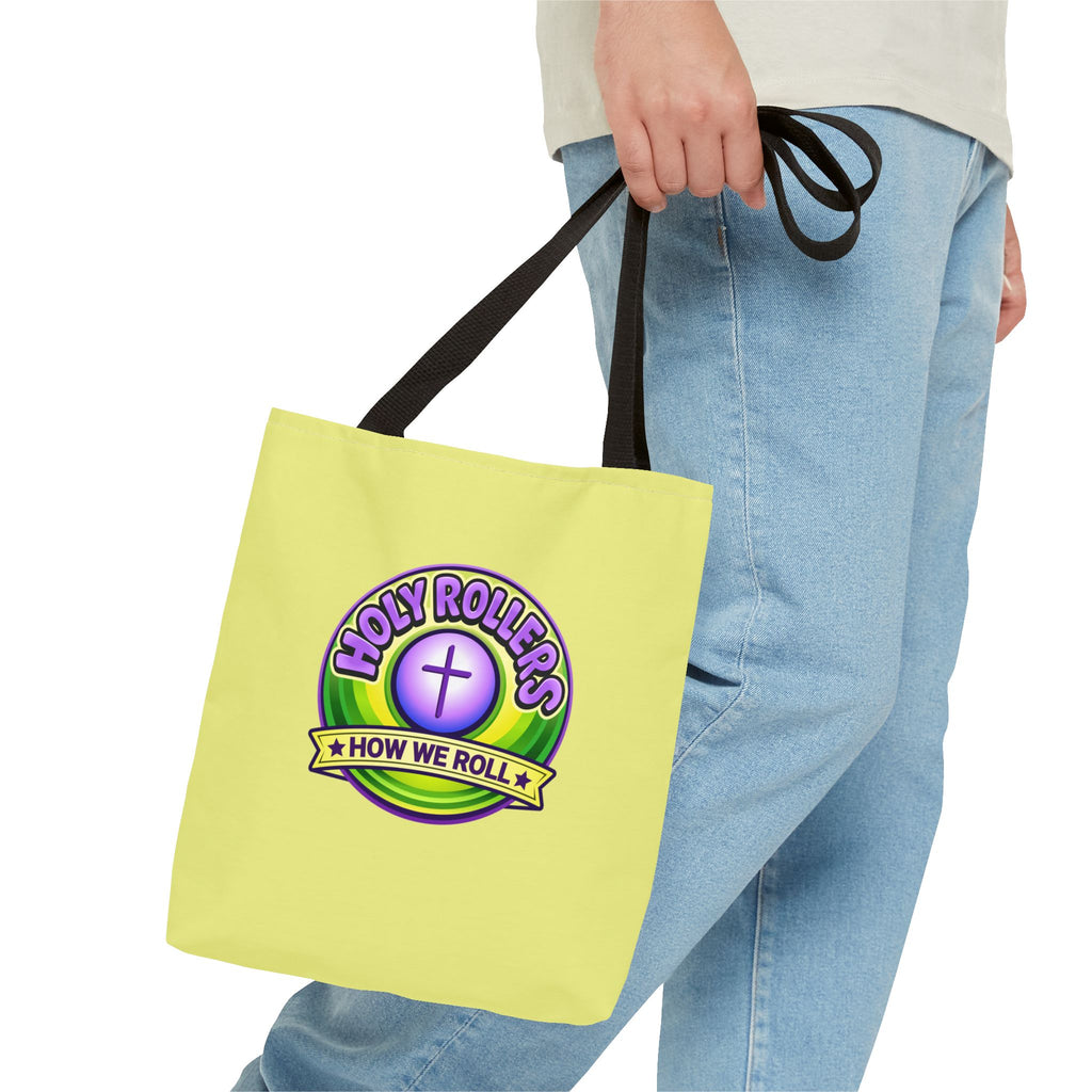 Holy Rollers Christian apparel thumbnail: Christian Tote Bag — "Saved By Grace" / "Holy Rollers" Inspirational All-Over Print