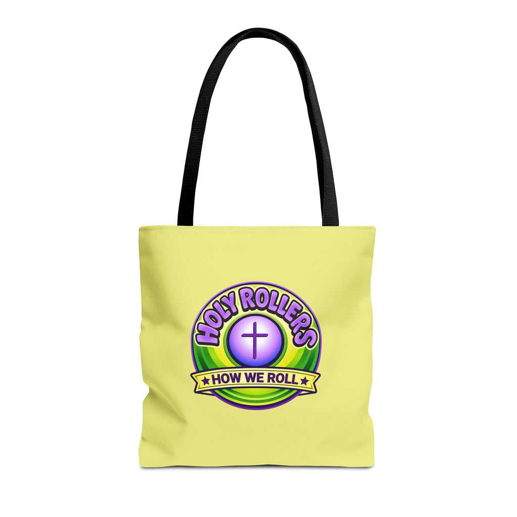 Holy Rollers Christian apparel thumbnail: Christian Tote Bag — "Saved By Grace" / "Holy Rollers" Inspirational All-Over Print