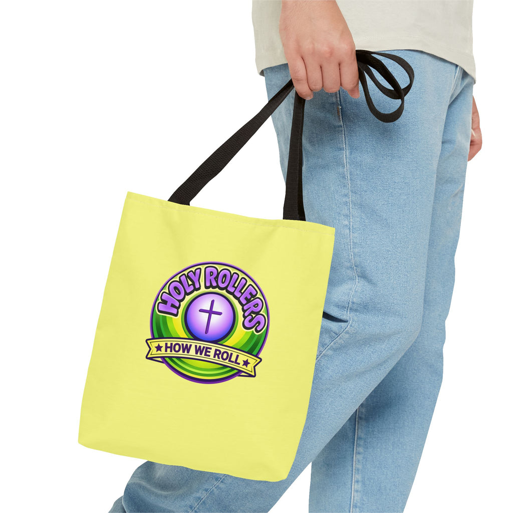 Holy Rollers Christian apparel thumbnail: Christian Tote Bag — "Saved By Grace" / "Holy Rollers" Inspirational All-Over Print