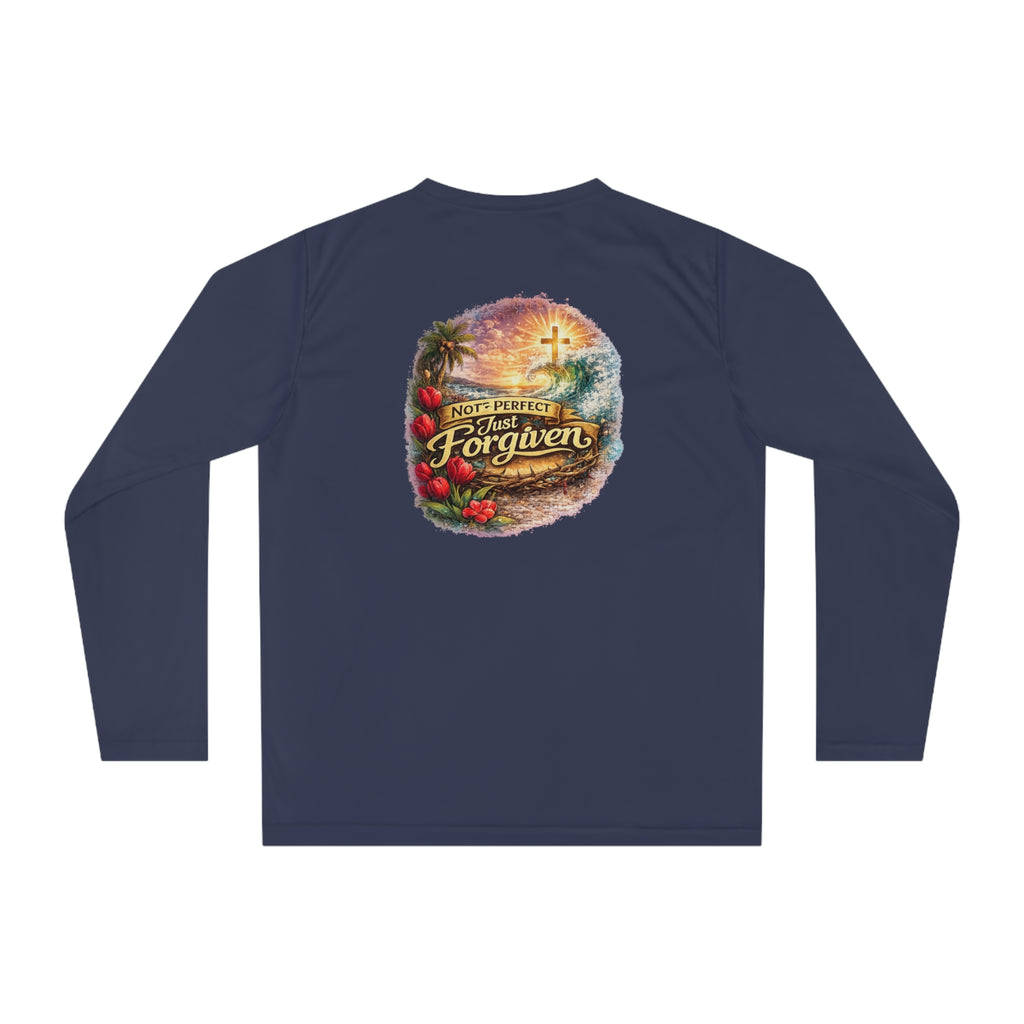 Holy Rollers Christian apparel thumbnail: Holy Rollers Performance Long Sleeve — "Not Perfect Just Forgiven" Beach Christian Shirt