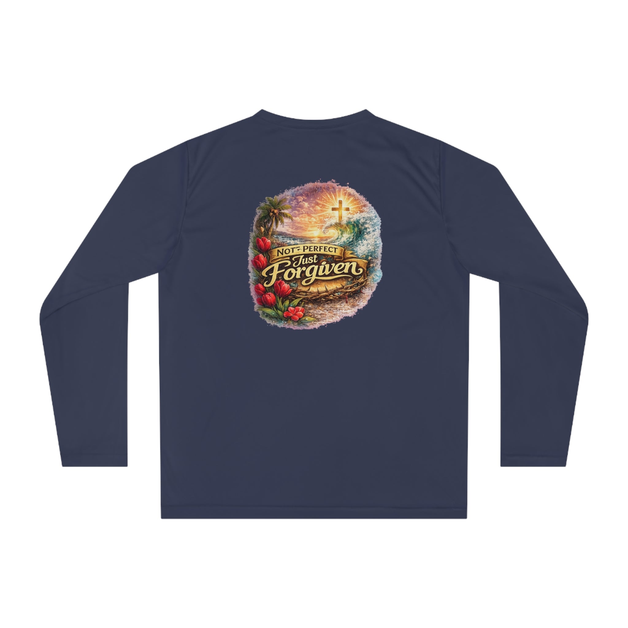 Holy Rollers Christian apparel: Holy Rollers Performance Long Sleeve — "Not Perfect Just Forgiven" Beach Christian Shirt