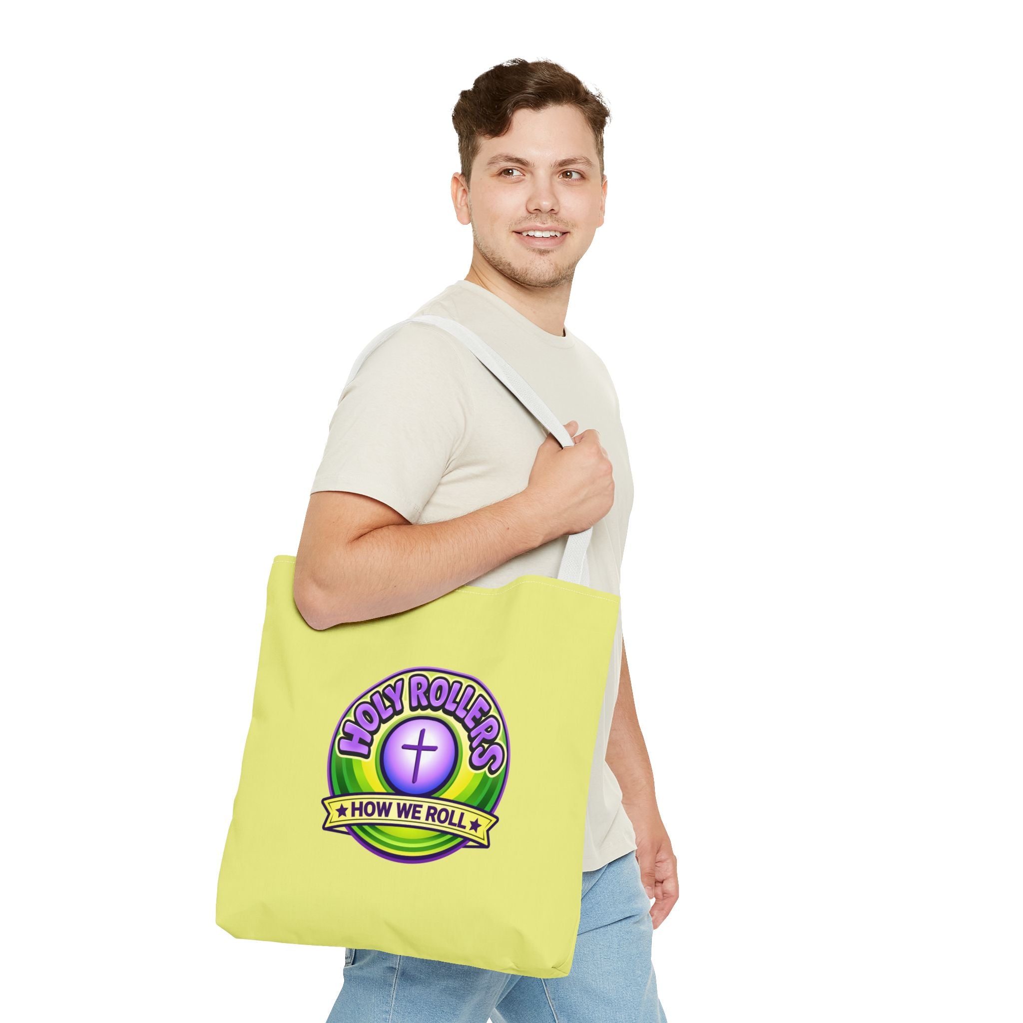 Holy Rollers Christian apparel: Christian Tote Bag — "Saved By Grace" / "Holy Rollers" Inspirational All-Over Print
