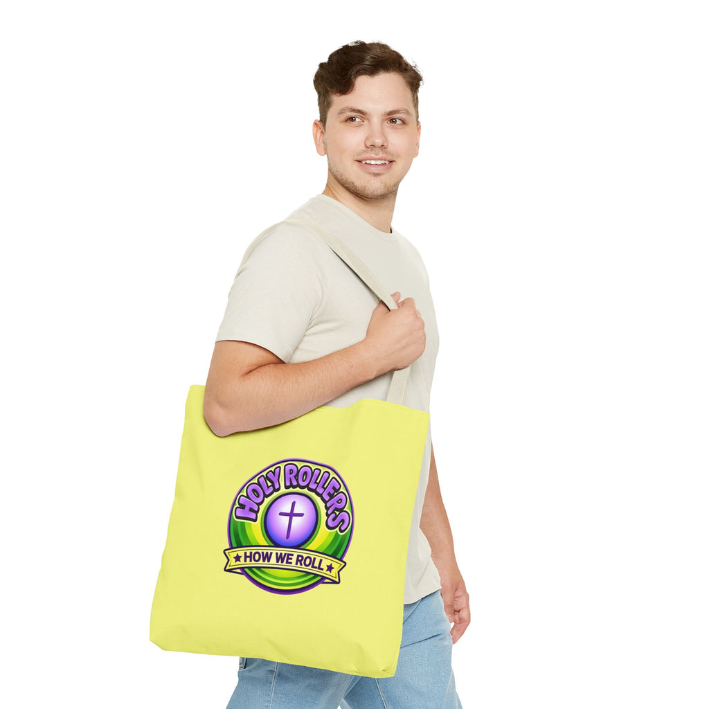 Holy Rollers Christian apparel thumbnail: Christian Tote Bag — "Saved By Grace" / "Holy Rollers" Inspirational All-Over Print