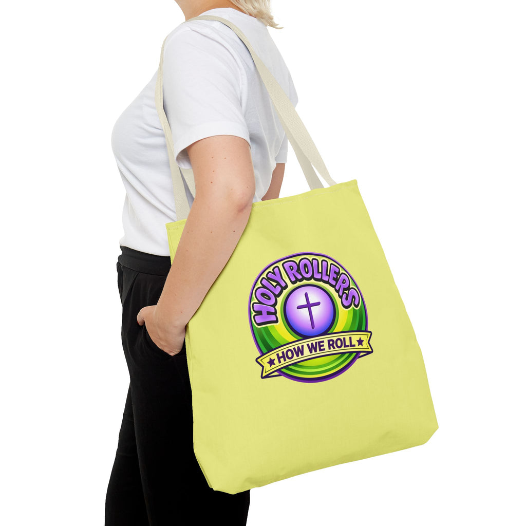 Holy Rollers Christian apparel thumbnail: Christian Tote Bag — "Saved By Grace" / "Holy Rollers" Inspirational All-Over Print