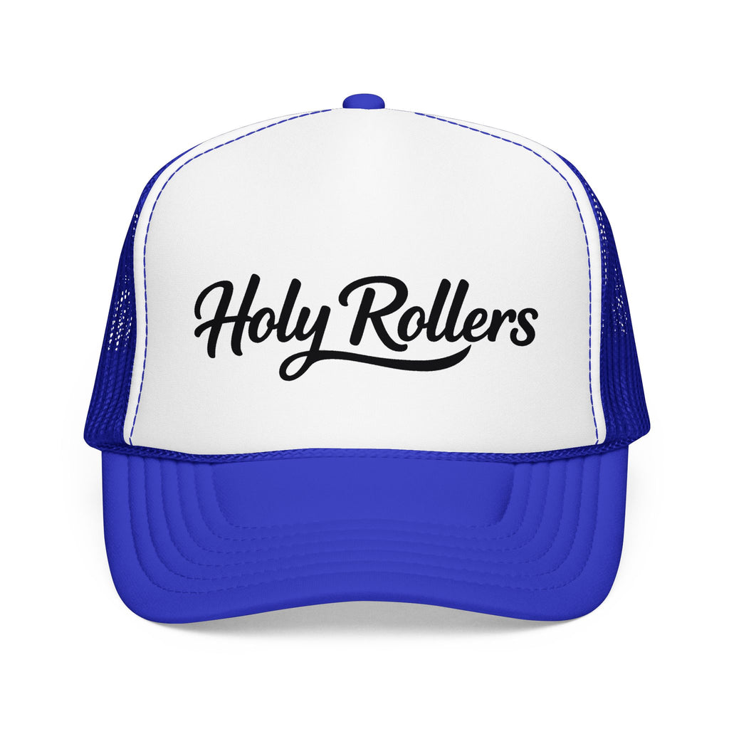 Holy Rollers Christian apparel thumbnail: Holy Rollers Foam Trucker Hat | Script Logo, Black & White Mesh