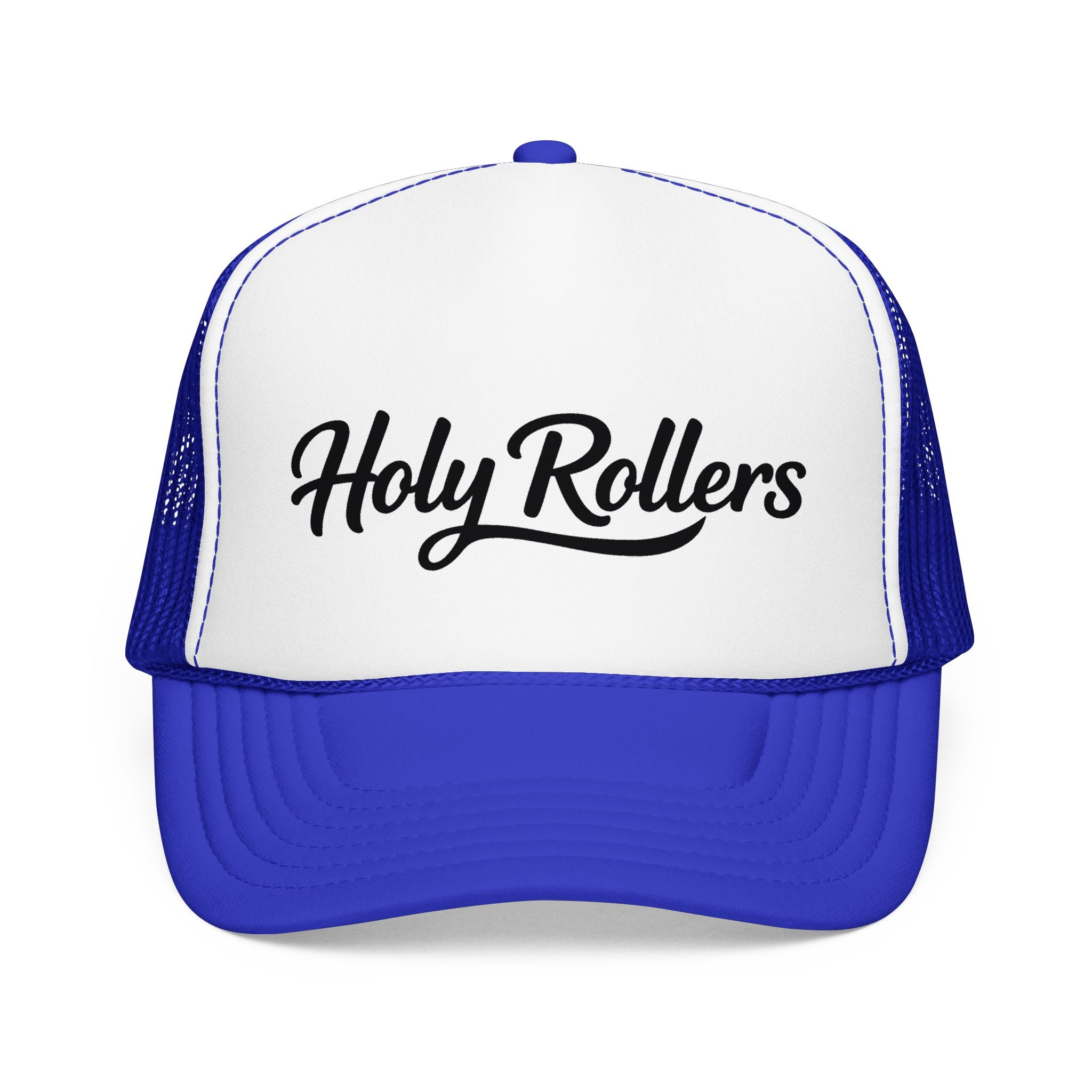 Holy Rollers Christian apparel: Holy Rollers Foam Trucker Hat | Script Logo, Black & White Mesh