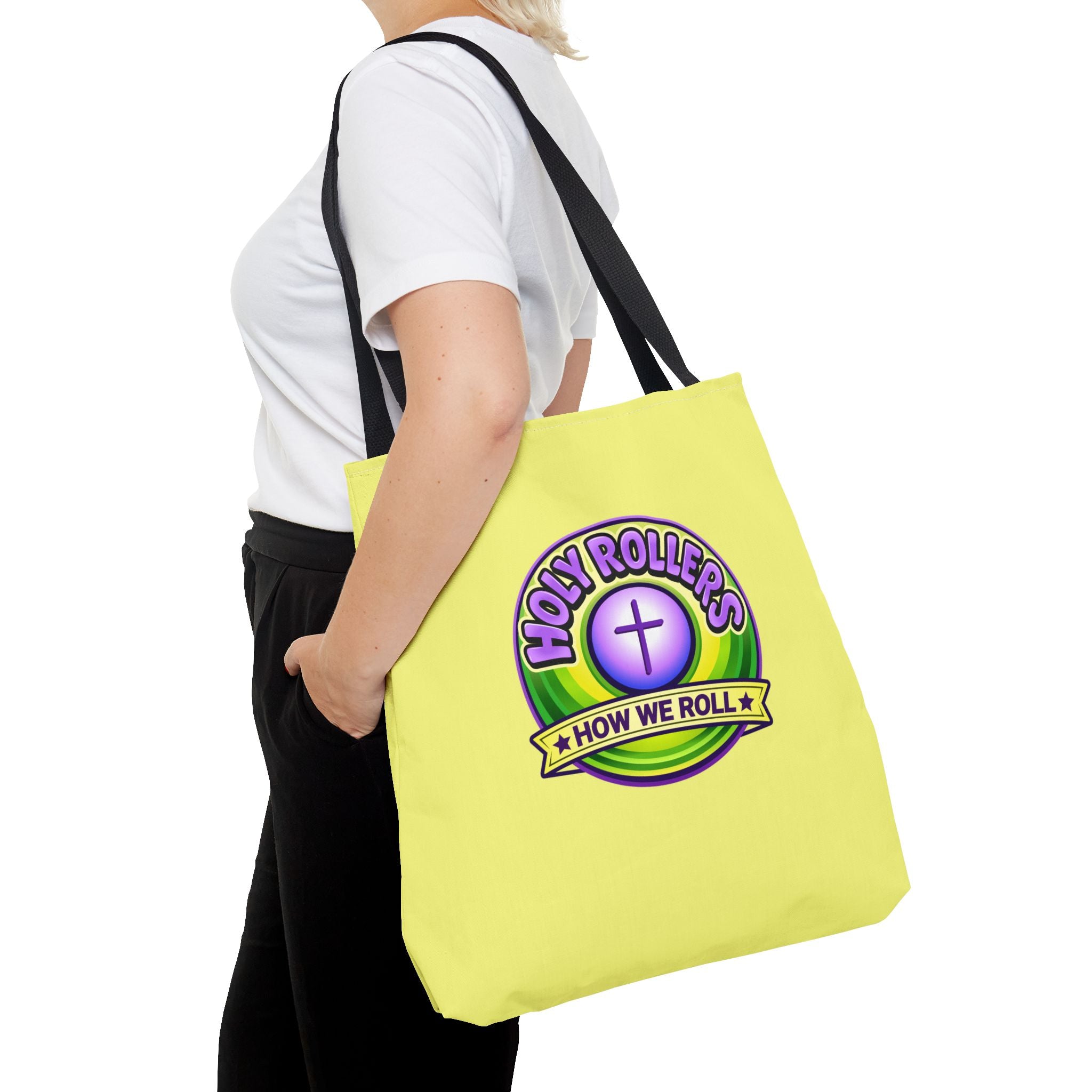 Holy Rollers Christian apparel: Christian Tote Bag — "Saved By Grace" / "Holy Rollers" Inspirational All-Over Print