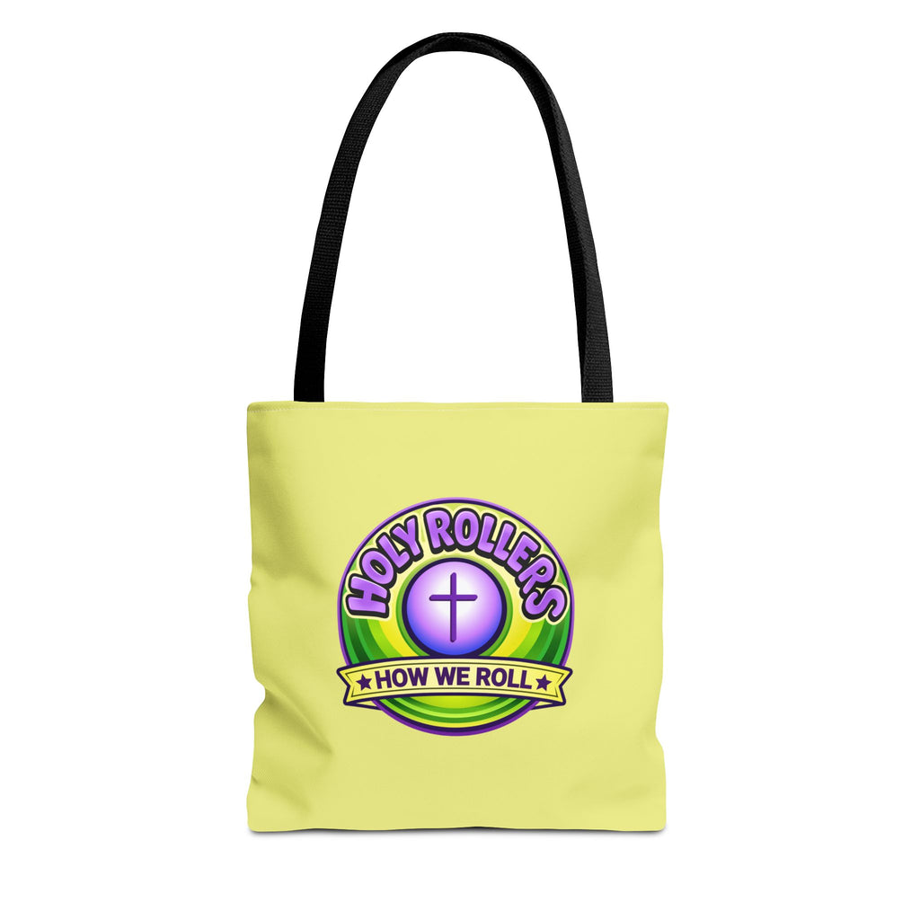Holy Rollers Christian apparel thumbnail: Christian Tote Bag — "Saved By Grace" / "Holy Rollers" Inspirational All-Over Print