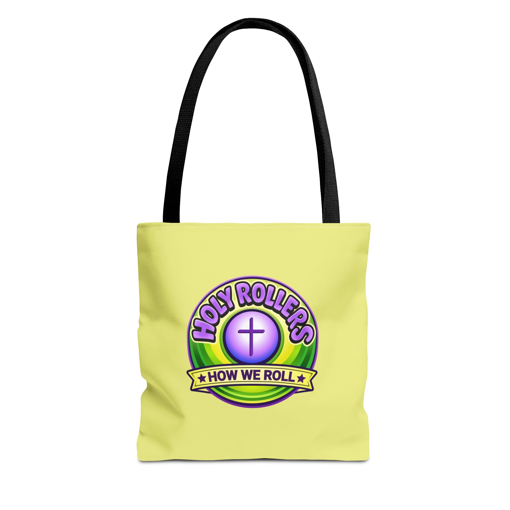 Holy Rollers Christian apparel: Christian Tote Bag — "Saved By Grace" / "Holy Rollers" Inspirational All-Over Print