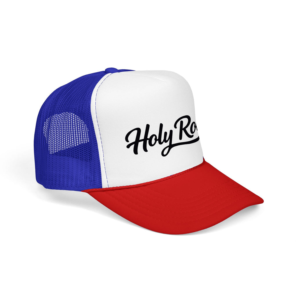 Holy Rollers Christian apparel thumbnail: Holy Rollers Foam Trucker Hat | Script Logo, Black & White Mesh