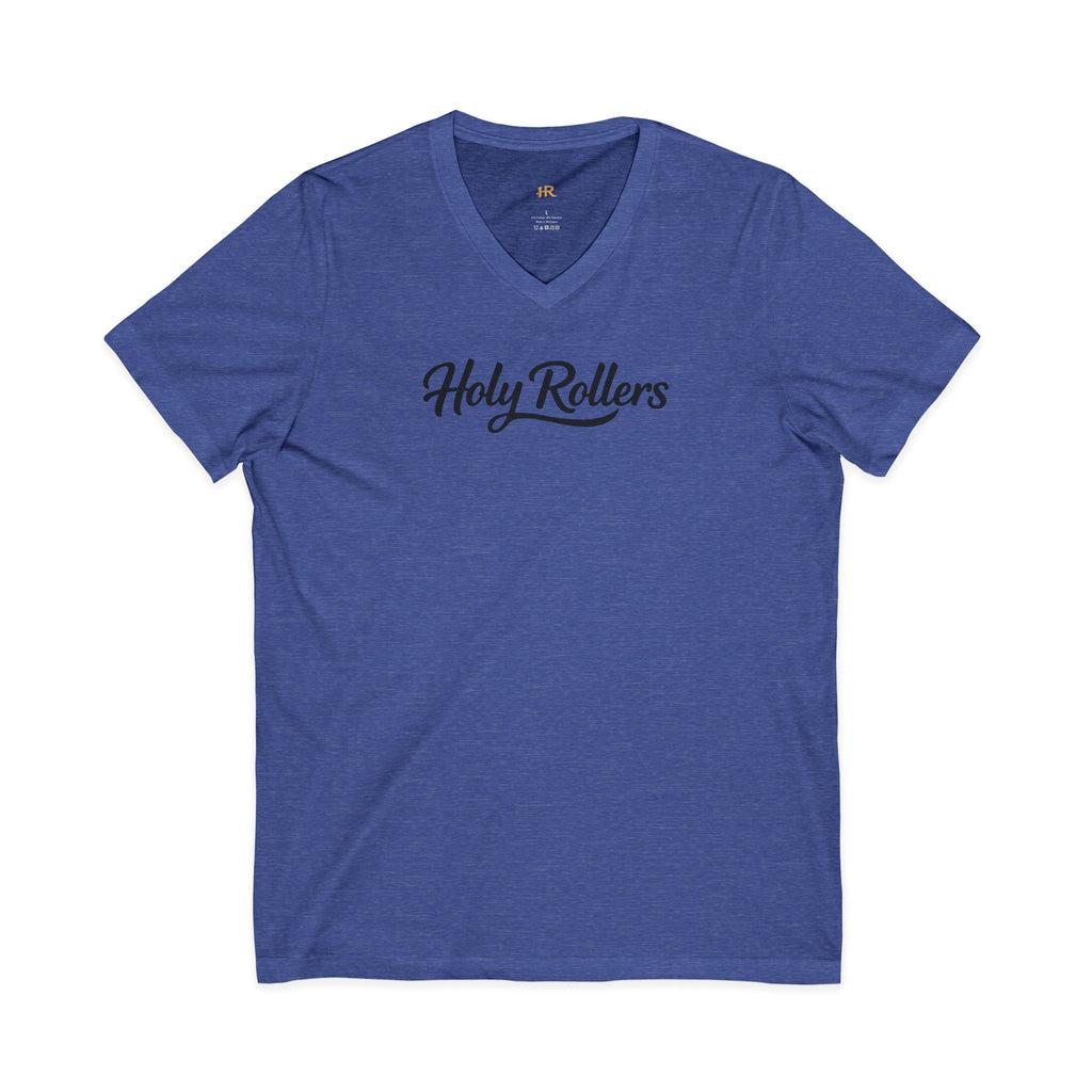 Holy Rollers Christian apparel thumbnail: Holy Rollers word-logo t-shirt | Holy Rollers How We Roll V-neck