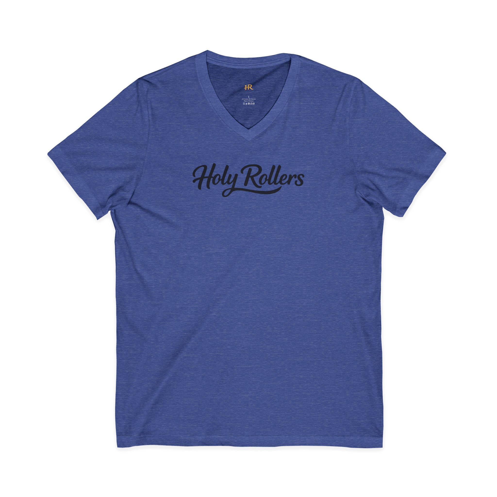 Holy Rollers Christian apparel: Holy Rollers word-logo t-shirt | Holy Rollers How We Roll V-neck