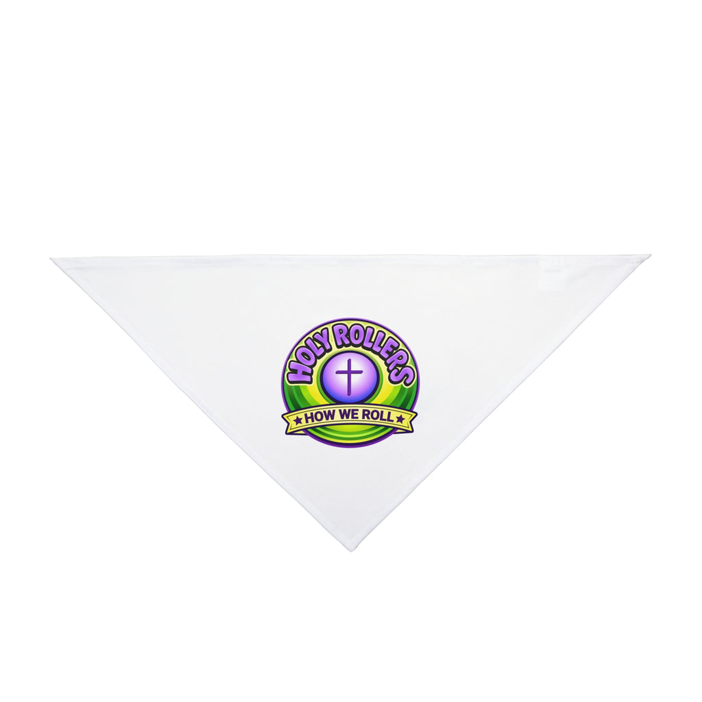 Holy Rollers Christian apparel thumbnail: Pet Bandana — "Holy Rollers: How We Roll" Purple & Green Logo Dog Bandana