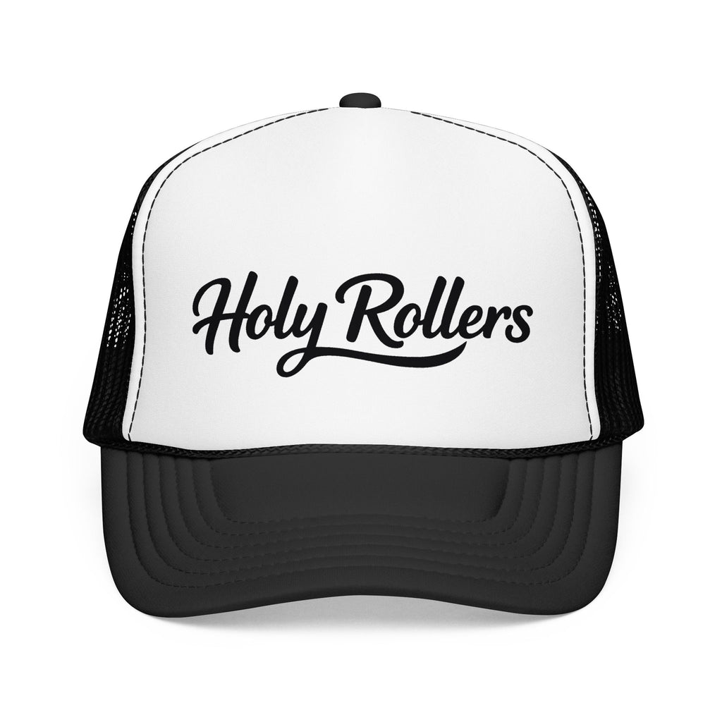 Holy Rollers Christian apparel thumbnail: Holy Rollers Foam Trucker Hat | Script Logo, Black & White Mesh