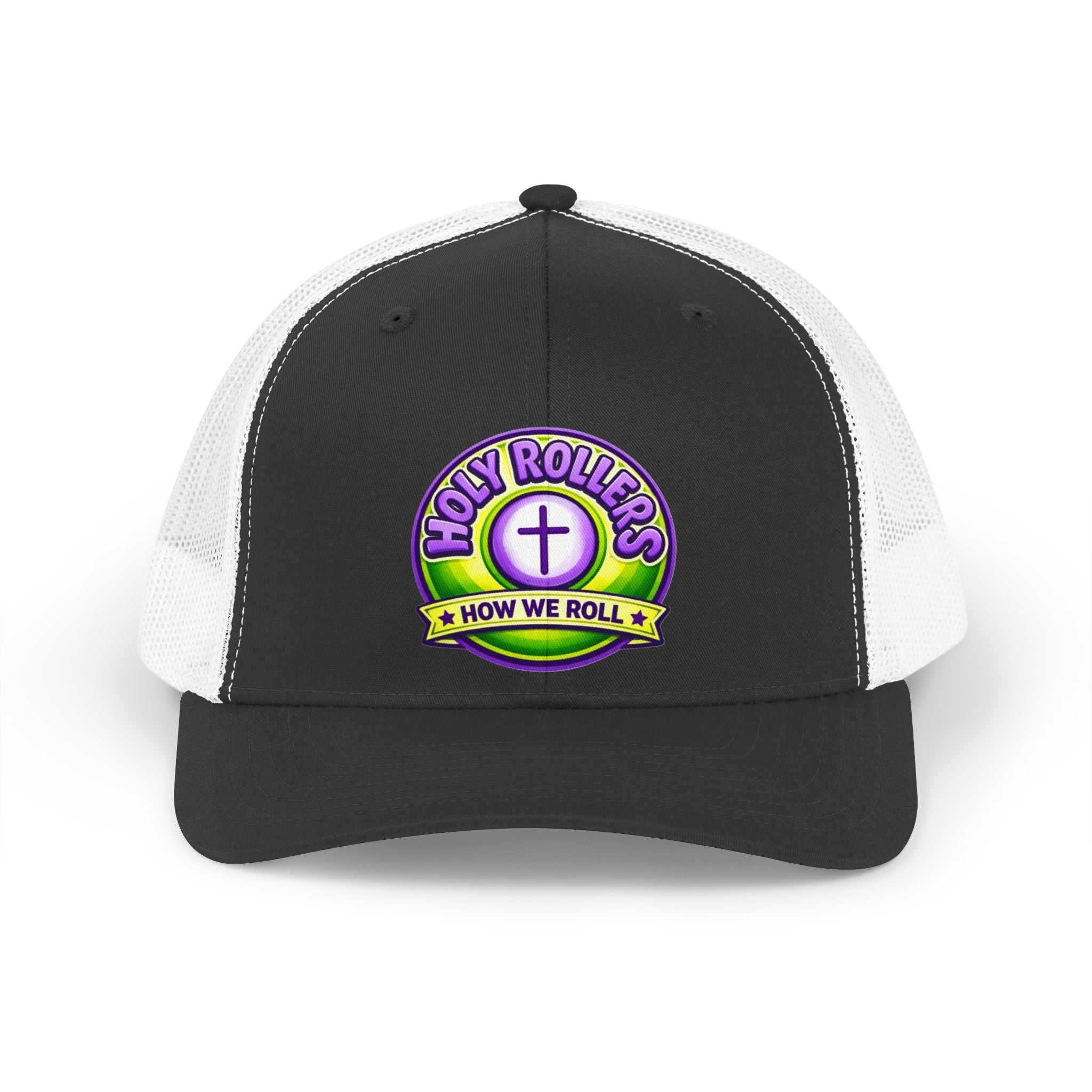 Holy Rollers Christian apparel: Holy Rollers cross logo Trucker Hat | How We Roll emblem
