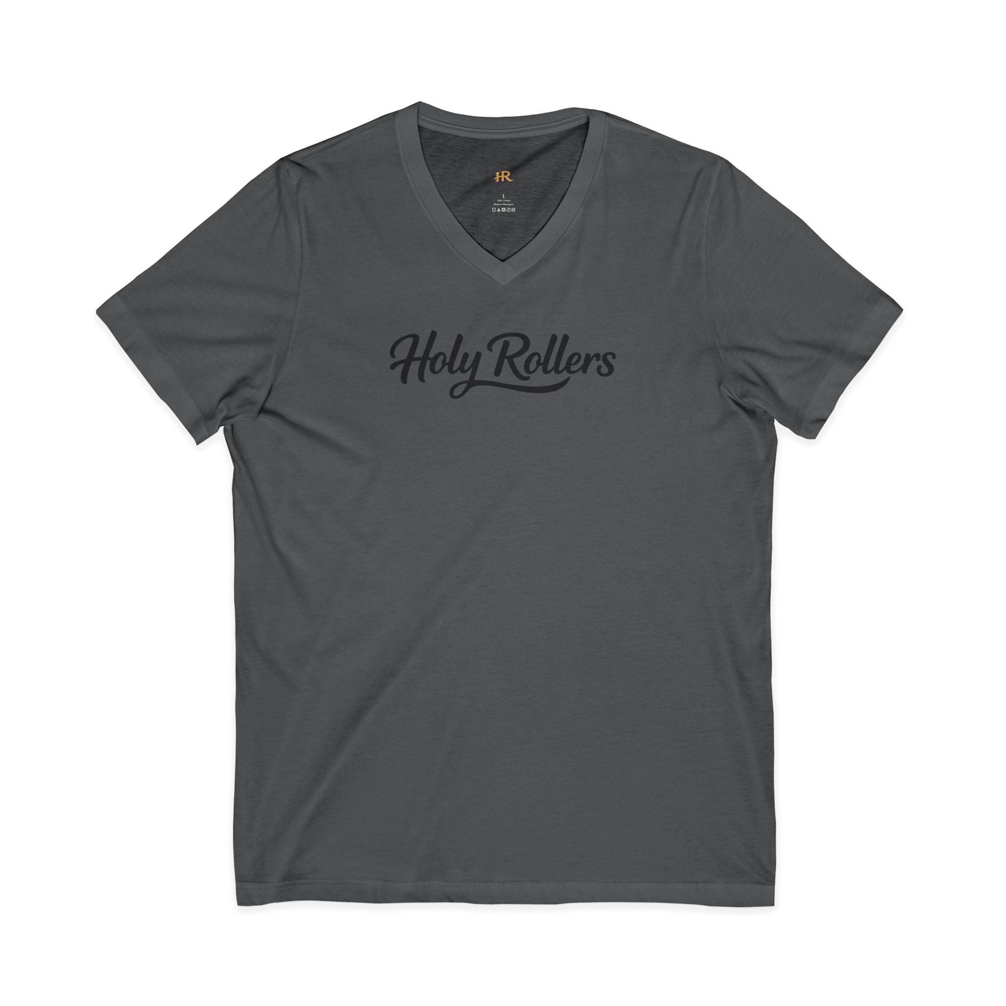 Holy Rollers Christian apparel: Holy Rollers word-logo t-shirt | Holy Rollers How We Roll V-neck