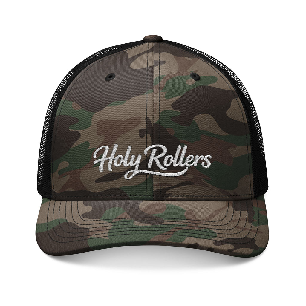 Holy Rollers Christian apparel thumbnail: Camouflage Trucker Hat — Embroidered "Holy Rollers" Mesh Cap