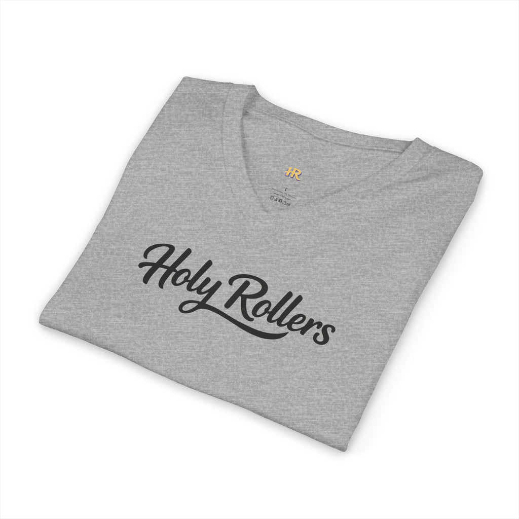 Holy Rollers Christian apparel thumbnail: Holy Rollers word-logo t-shirt | Holy Rollers How We Roll V-neck