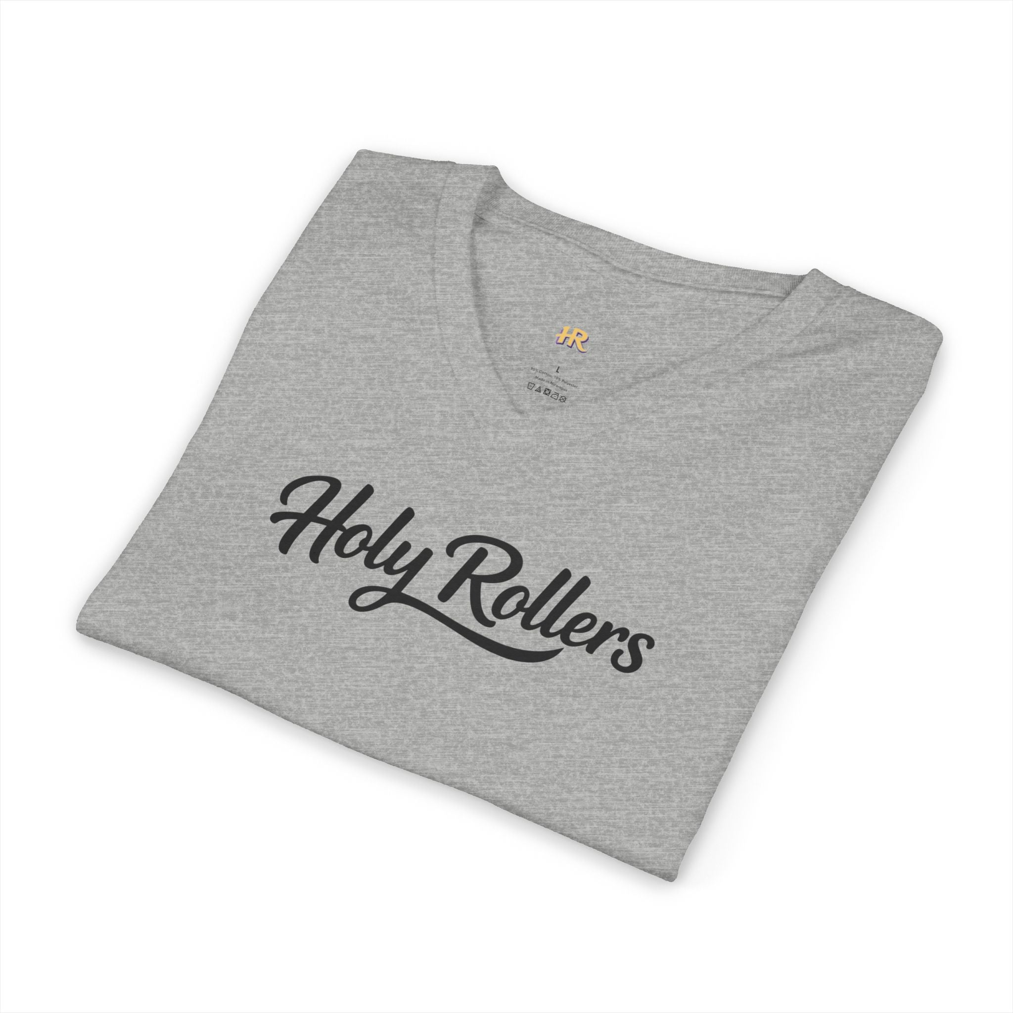 Holy Rollers Christian apparel: Holy Rollers word-logo t-shirt | Holy Rollers How We Roll V-neck