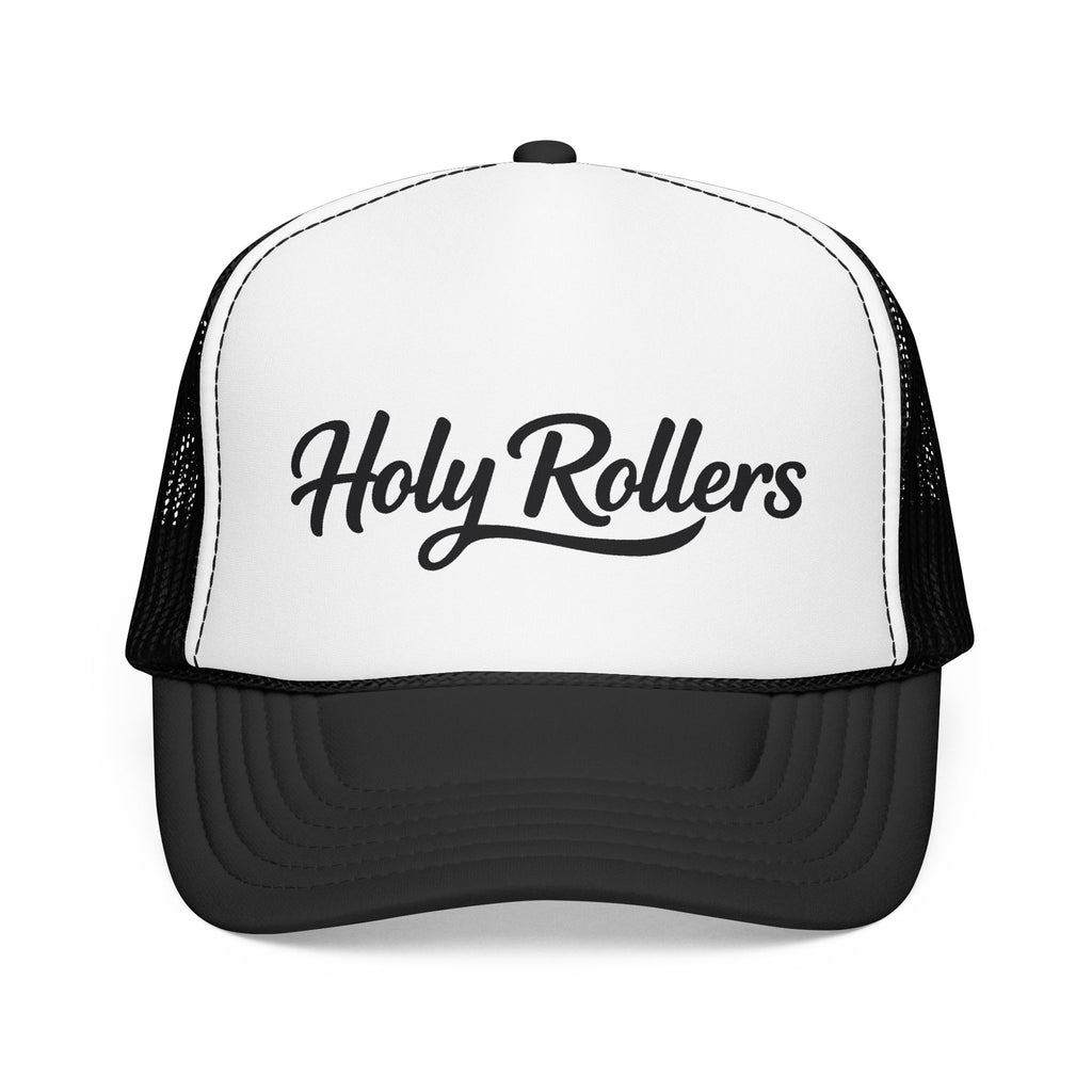 Holy Rollers Christian apparel thumbnail: Holy Rollers Foam Trucker Hat | Script Logo, Colored Visor & Mesh on White