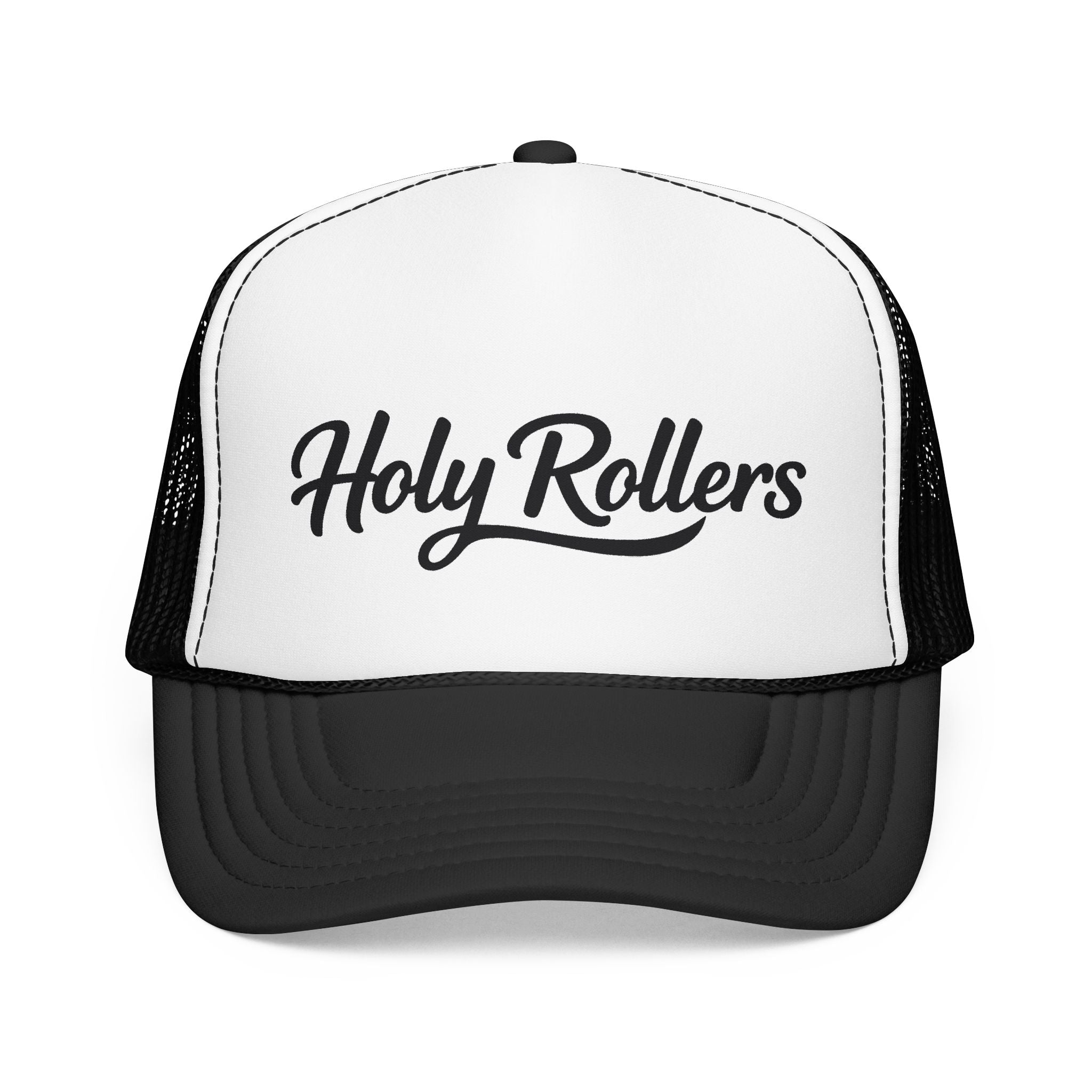 Holy Rollers Christian apparel: Holy Rollers Foam Trucker Hat | Script Logo, Colored Visor & Mesh on White