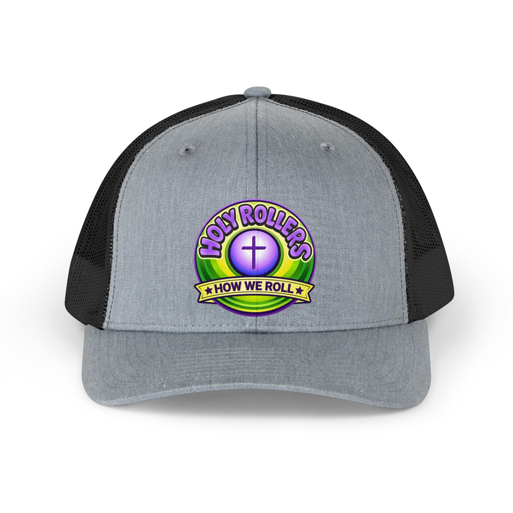Holy Rollers Christian apparel thumbnail: Holy Rollers cross logo Trucker Hat | How We Roll emblem