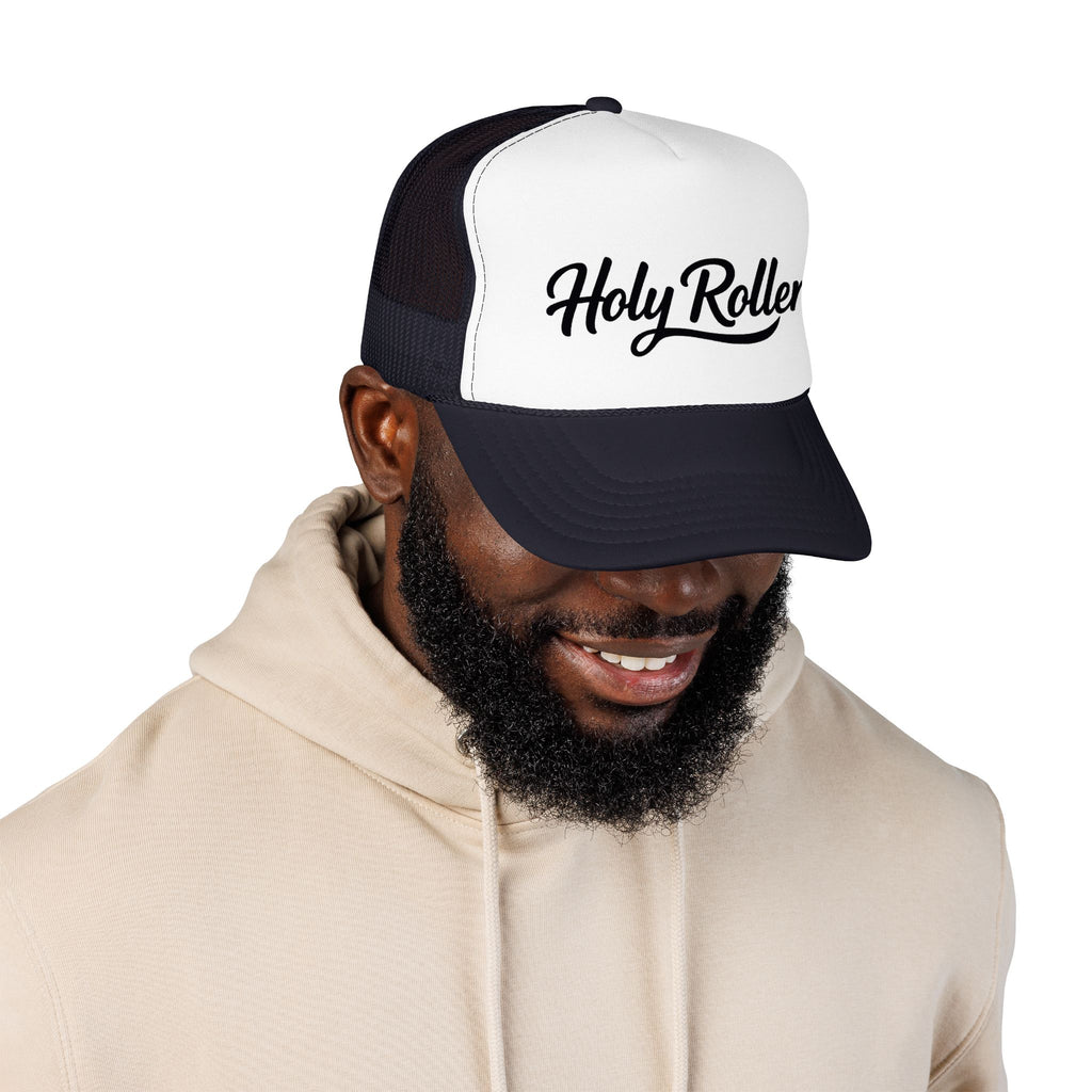 Holy Rollers Christian apparel thumbnail: Holy Rollers Foam Trucker Hat | Script Logo, Black & White Mesh