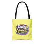 Christian Tote Bag — "Saved By Grace" / "Holy Rollers" Inspirational All-Over Print