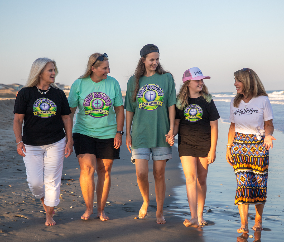 Friends celebrating together in Holy Rollers apparel