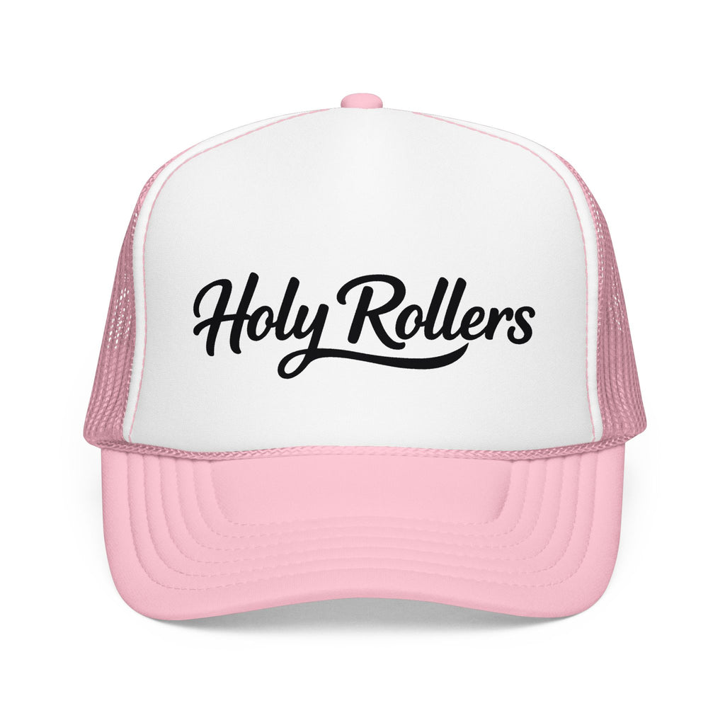 Holy Rollers Christian apparel thumbnail: Holy Rollers Foam Trucker Hat | Script Logo, Black & White Mesh
